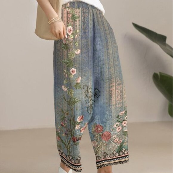 Pink Lady Pants - Blue & Pink Geometric Floral Harem Pants